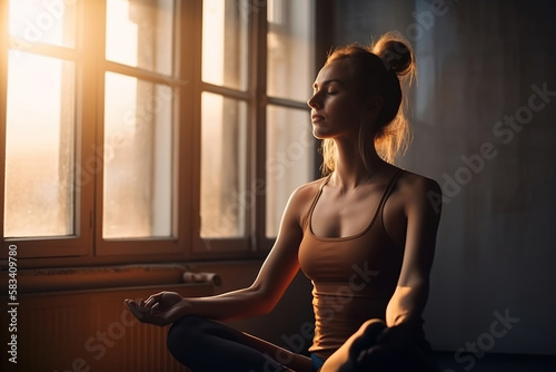 Beautiful yopung woman doing yoga exercises in the morning lights, generative ai
