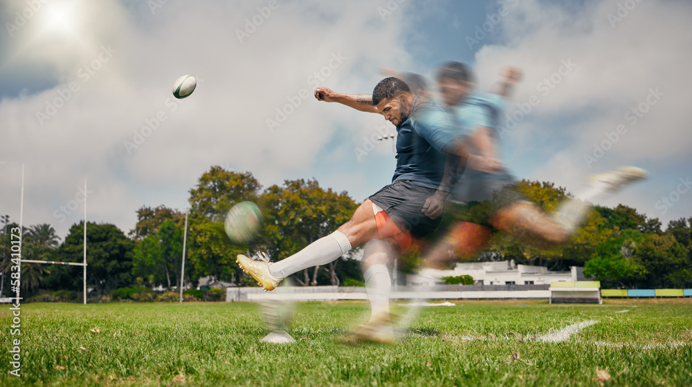 Rugby, blur and man kicking ball to score goal on field at game, match