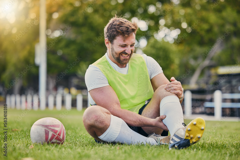 Football, man and knee pain on grass field, inflammation and bruise