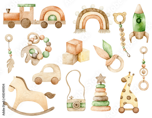 Watercolor baby wooden toys. Children rocking horse, rainbow, car, train, rocket, cubes, teething toy, pyramid, camera