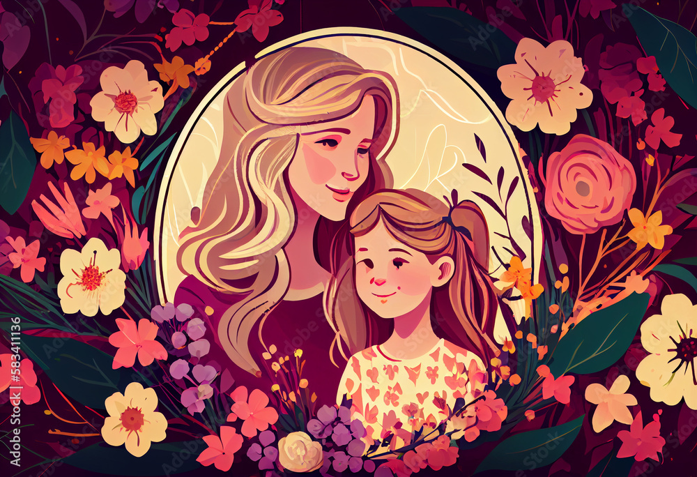 painting of a mother and daughter love on white background with flowers generative AI painting of a mother and daughter love on white background with flowers generative AI