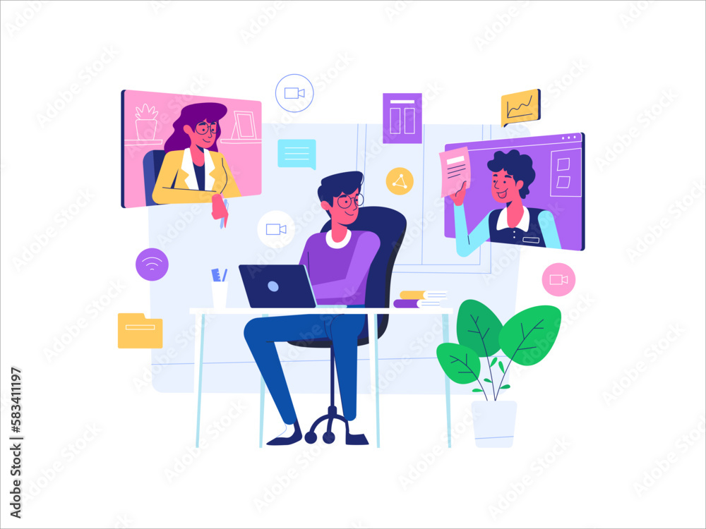 Work From Home Illustration Set - People Doing Activity from home - Working from home - Freelancer work activity - Exercising - Gardening - Studying from home - Cooking 