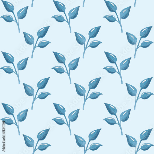 Watercolor seamless hand drawn botanical pattern with blue leaves of fantasy plants