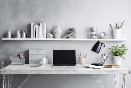 office or home workspace front view. composition in white with copy space. a white desk with a laptop and office supplies in front of a gray wall background. Generative AI
