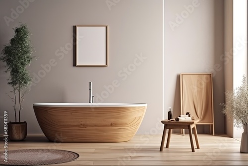 Interior of a bathroom made of wood and beige with a white tub  a tiny chair upholstered in cream  a towel  and a big vertical poster on the wall. an angle. a mockup. Generative AI