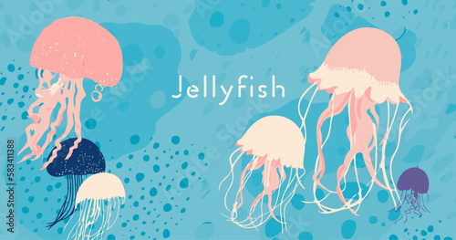 クラゲのラフな手書き風ベクタータイトル素材