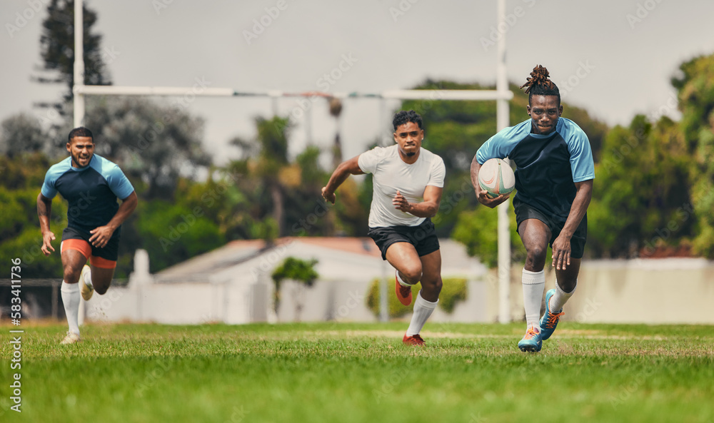 Rugby, running or sports men in game playing a training game for cardio exercise or workout outdoors. Fitness speed, black man or fast African athlete player with ball exercising on field in stadium