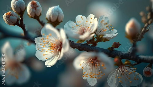 Beautiful floral spring abstract background of nature. Branches of blossoming apricot macro with soft focus on gentle light blue sky background. ai generative