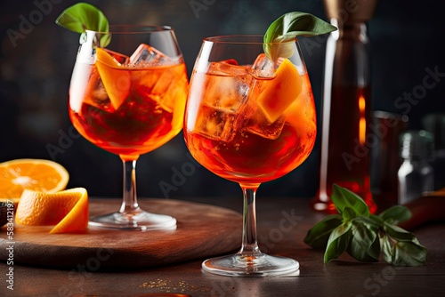 Aperol Spritz, two glasses with ice cubes and orange slices, dark background