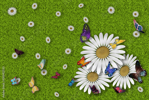 Illustrazione 3D. Primavera, estate. Fiori e farfalle su prato verde texture. Sfondo campo di erba con fiori colorati e farfalle.