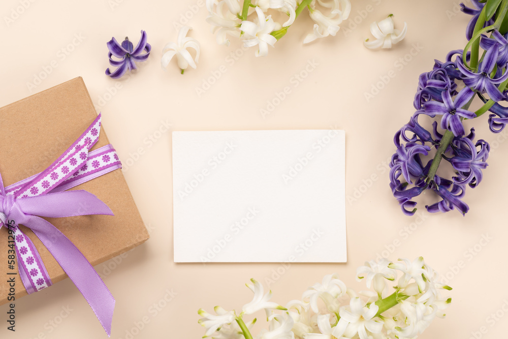 Beautiful gift box with hyacinths and blank card