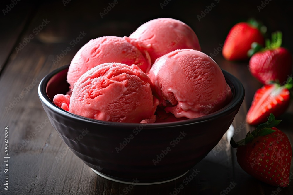 Delicious and refreshing ice cream made with ripe, juicy strawberries that have been carefully selected for their sweetness and quality. Generative AI Delicious and refreshing ice cream made with ripe, juicy strawberries that have been carefully selected for their sweetness and quality. Generative AI