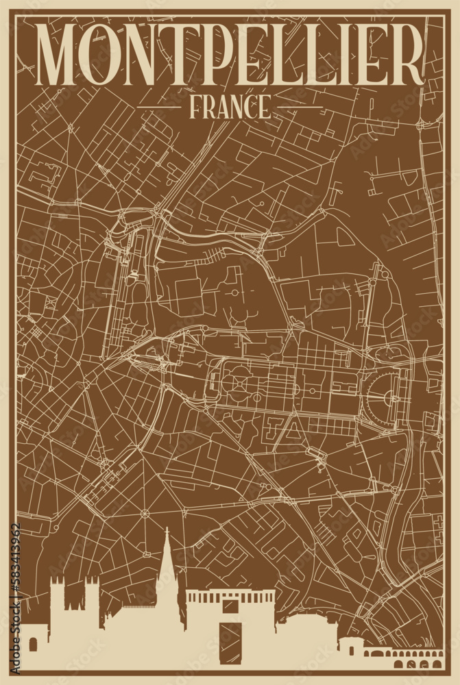 Brown hand-drawn framed poster of the downtown MONTPELLIER, FRANCE with highlighted vintage city skyline and lettering