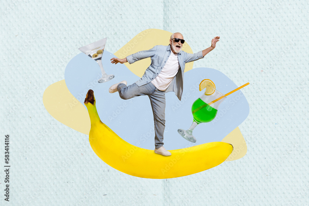 Φωτογραφία Composite collage picture of carefree positive grandfather stand huge banana fru