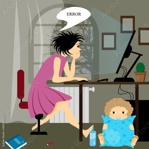 Female Freelance worker with child at workplace. Maternity and career. Woman Freelancer working from home with child. Freelance, mothers day concept. photo