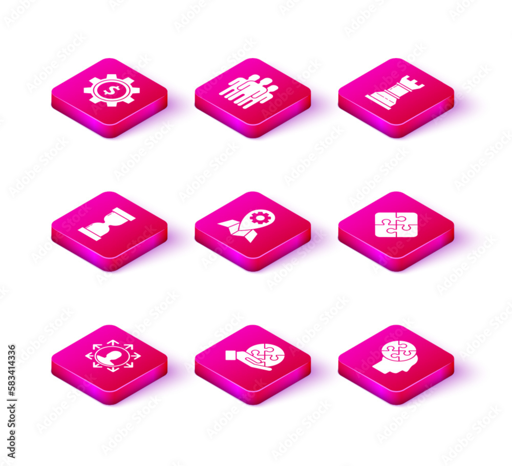 Set Project team base, Piece of puzzle in hand, Old hourglass with flowing sand, Location job, Human head puzzles strategy, Business and Users group icon. Vector Set Project team base, Piece of puzzle in hand, Old hourglass with flowing sand, Location job, Human head puzzles strategy, Business and Users group icon. Vector