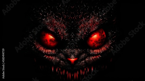 Red and black demonic monster face staring at you ( Ai generative art)