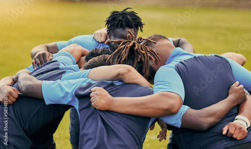 Photography Diversity, team and men huddle in sports for support, motivation or goals outdoors