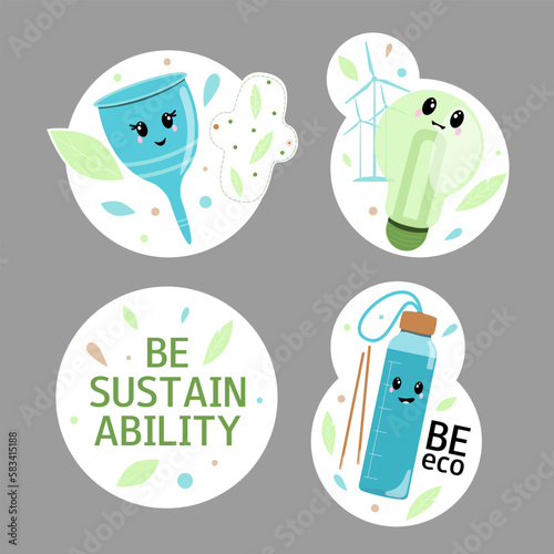 Set of zero waste stickers. Bundle of decorative design elements. Flat vector illustration. Be sustainability. 
