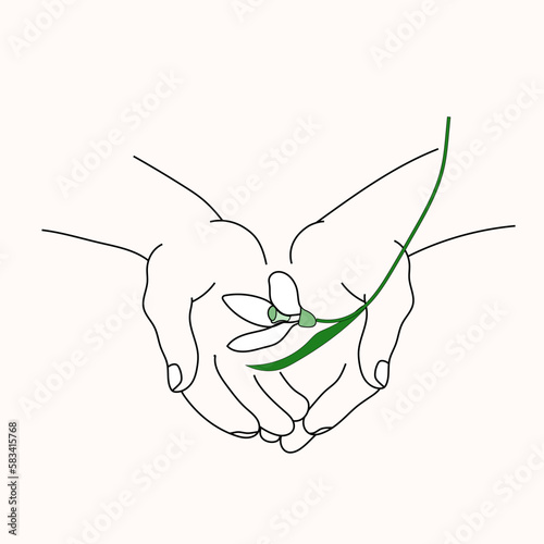 Snowdrop in hands. Line art. Vector illustration card care, spring, tenderness, nature conservation.