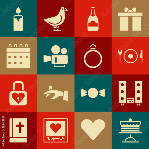 Set Cake on plate, Home stereo with two speakers, Plate, fork and knife, Champagne bottle, Cinema camera, Calendar, Burning candle and Diamond engagement ring icon. Vector