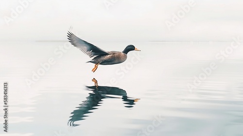A duck takes off from the calm water, creating ripples that radiate outwards, its reflection captured in the shimmering surface.