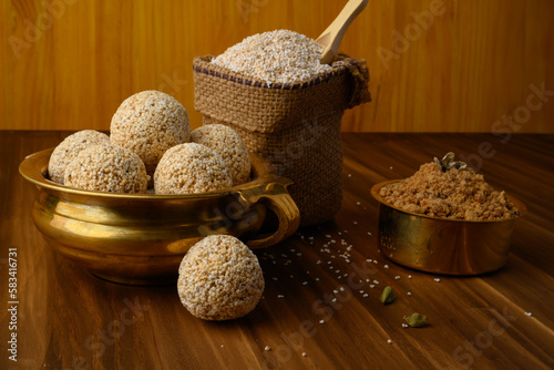 Amaranth ladoo or Rajgira laddu or Cholai ke laddo in brass bowl with jaggery
rajgeera  photo