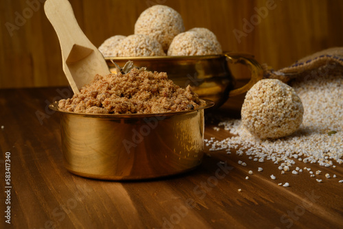 Amaranth ladoo or Rajgira laddu or Cholai ke laddo in brass bowl with jaggery
rajgeera  photo