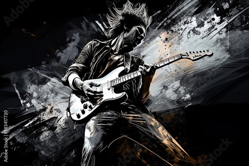 Illustrations of rock guitarist at the stage, generative ai photo