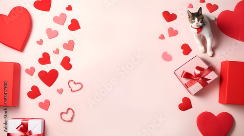 AI Generated, Valentine day background for samoyed, cat, shiba, corgi lover with gift box and various red hearts. flat lay style greeting composition. © Kuma