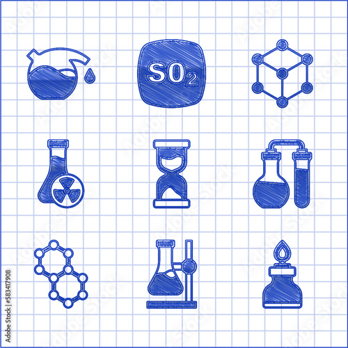 Set Old hourglass, Test tube flask on stand, Alcohol or spirit burner, Molecule, with toxic liquid, and icon. Vector