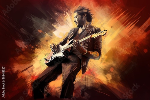 Illustrations of rock guitarist at the stage, generative ai photo