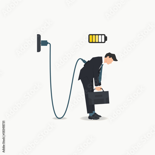 Businessman charging, low charge energy because tired, overworked or stressed vector illustration