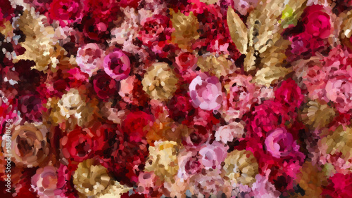 Red rose flowers brush strokes vintage abstract background. Illustration drawing watercolor style. For used wallpaper design,textile fabric or wrapping paper. Colorful textured background. 8K