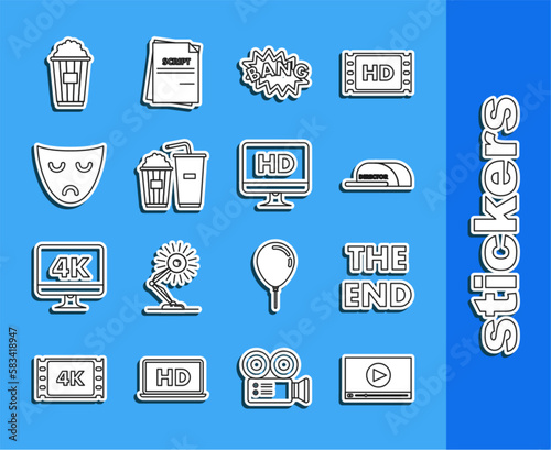 Set line Online play video, Cap with director, Bang boom text speech bubble balloon, Popcorn soda drink glass, Drama theatrical mask, cardboard box and Computer PC monitor HD technology icon. Vector