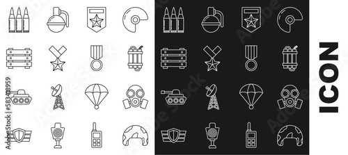 Set line Military helmet, Gas mask, Detonate dynamite bomb stick, Chevron, reward medal, ammunition box, Bullet and icon. Vector