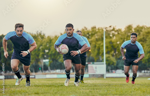 Rugby, team and men training, playing on grass field and exercise for healthy lifestyle, balance and wellness. Male players, athletes and guys outdoor, competition and match for fitness and practice © Delcio/peopleimages.com