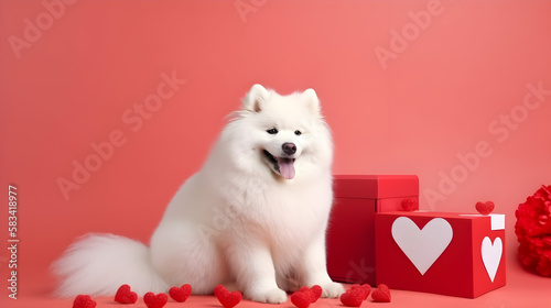 AI Generated, Valentine day background for samoyed, cat, shiba, corgi lover with gift box and various red hearts. flat lay style greeting composition.