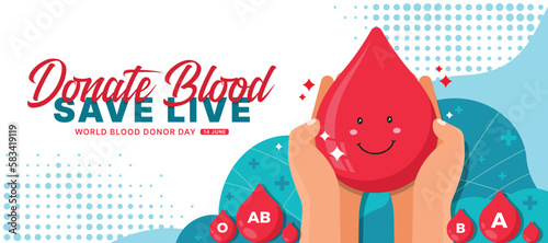 World blood donor day, Donate blood save live - Hand hold drop blood charecter and drop blood all type around on blue and white background vector design