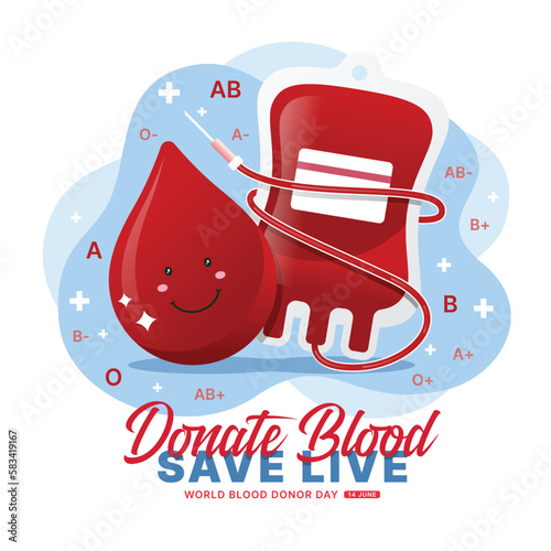 World blood donor day, Donate blood save live - Drop blood charecter and blood bag with blood all type text around on soft blue background vector design