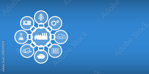 Vector graphic symbol image for supply chain in round shape with icons in chain symbols with space for text.