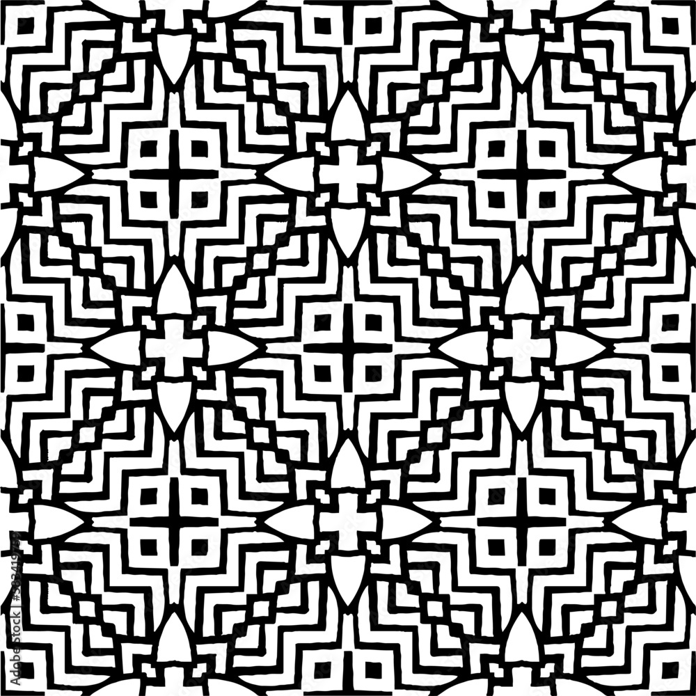 Vector geometric seamless pattern. Minimal ornamental background with abstract shapes. Black and white texture. Simple abstract ornament background. Dark repeat design for decor, fabric, cloth. Vector geometric seamless pattern. Minimal ornamental background with abstract shapes. Black and white texture. Simple abstract ornament background. Dark repeat design for decor, fabric, cloth.