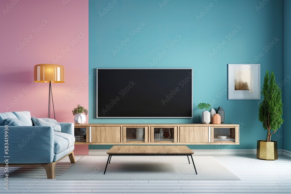 A huge flat screen television is depicted on a white coffee table against a blue pink background. a space for leisure at home. Generative AI A huge flat screen television is depicted on a white coffee table against a blue pink background. a space for leisure at home. Generative AI