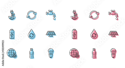 Set line Planet earth and a recycling, Bottle of water, Electric saving plug leaf, LED light bulb, Recycle clean aqua, Solar energy panel, Recycling plastic bottle and Refresh icon. Vector