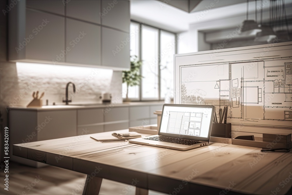 Fototapeta premium Concept of an architect's desktop with a laptop and tablet on a wooden desk and a screen exhibiting an interior design project and a CAD sketch. In the backdrop is a hazy draft of a Scandinavian kitch