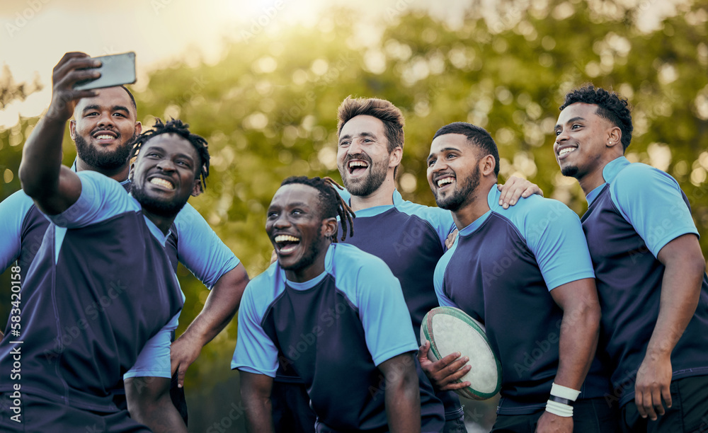 Rugby, team and sports selfie for profile picture, vlog or social media post together. Sporty man holding smartphone smiling in teamwork for group photo, memory or friendship outdoors Rugby, team and sports selfie for profile picture, vlog or social media post together. Sporty man holding smartphone smiling in teamwork for group photo, memory or friendship outdoors