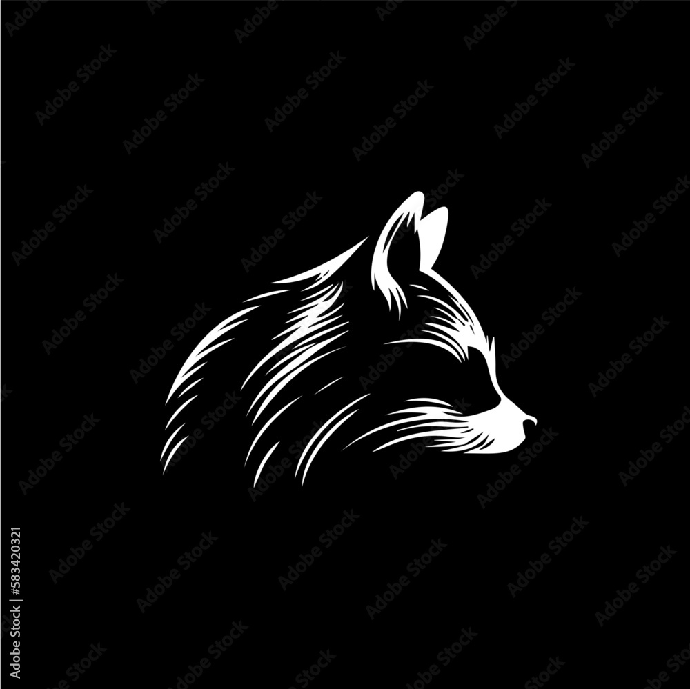 Obraz premium Raccoon head dotwork tattoo with dots shading, wild animal logo template, tippling tattoo. Hand drawing bird emblem on black background for body art, minimalistic sketch art. Vector illustration