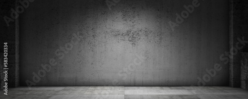 Interior template for pdoruct presentation. Empty dark abstract industrial cement wall studio interior for product display on concrete wall background. 3d render.