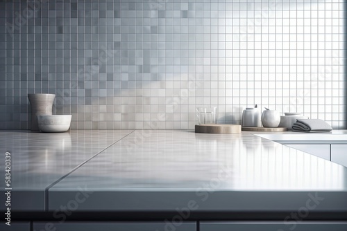 Background of a kitchen s interior space with a counter or table. A mosaic tiled surface on the decoration looks sleek and contemporary. Include the vacant space for the mockup or product display and