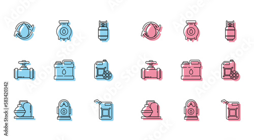 Set line Oil and gas industrial factory building, Petrol Gas station, drop, Canister for gasoline, motor machine oil, Antifreeze canister, Industry metallic pipes valve and icon. Vector